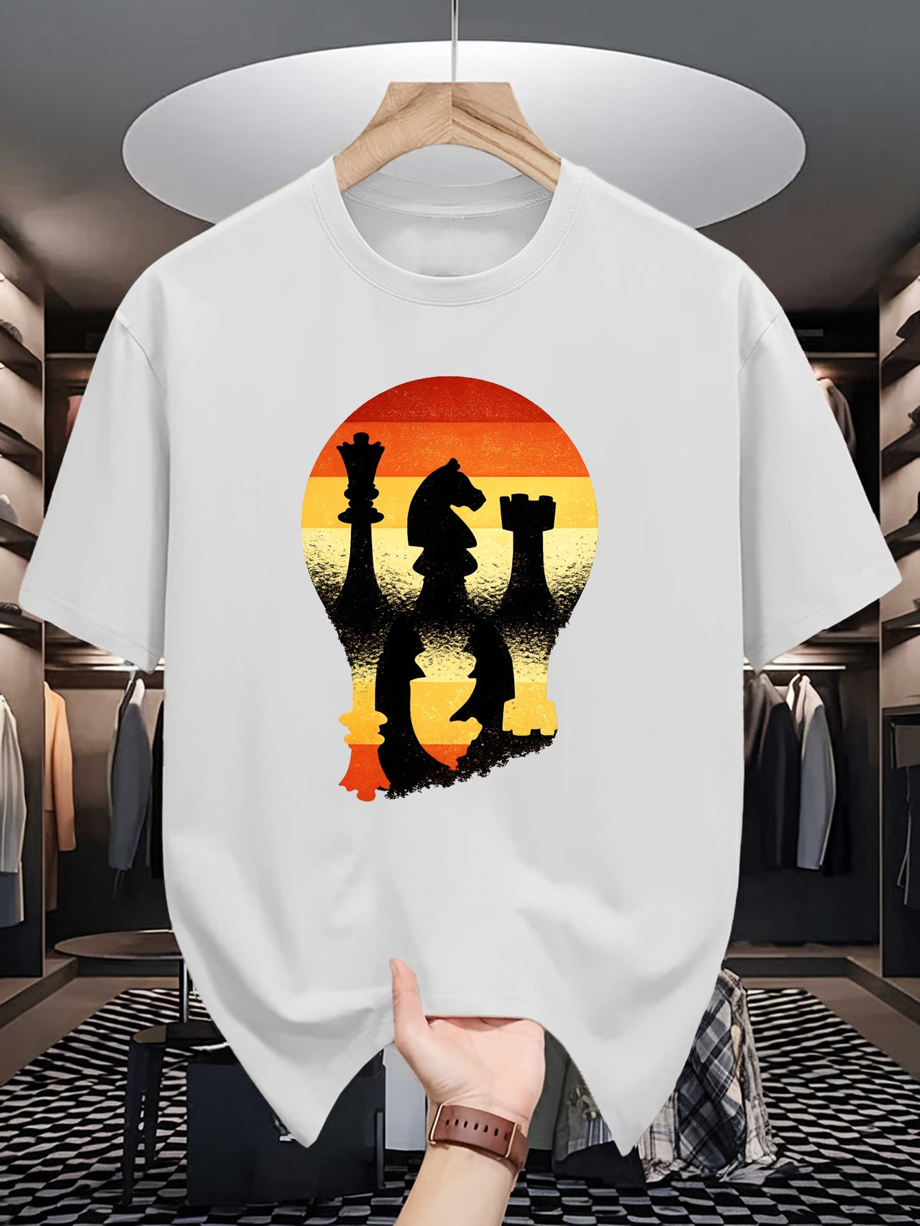 Board Game Vantage - チェスシルエットサンセット電球プリントメンズクルーネックTシャツヴィンテージボードゲームグラフィック半袖カジュアルコットンデイリートップス