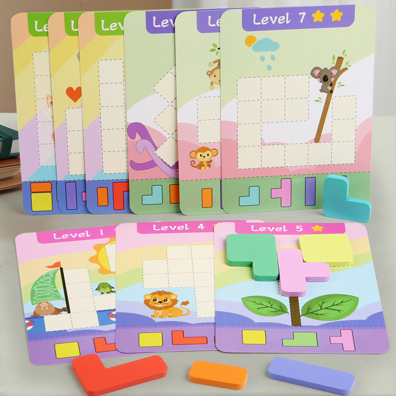Board Game Quiz - 木製教育パズルおもちゃ、木製7色の積み木&9つの両面チャレンジカード、思考能力を鍛えるゲーム