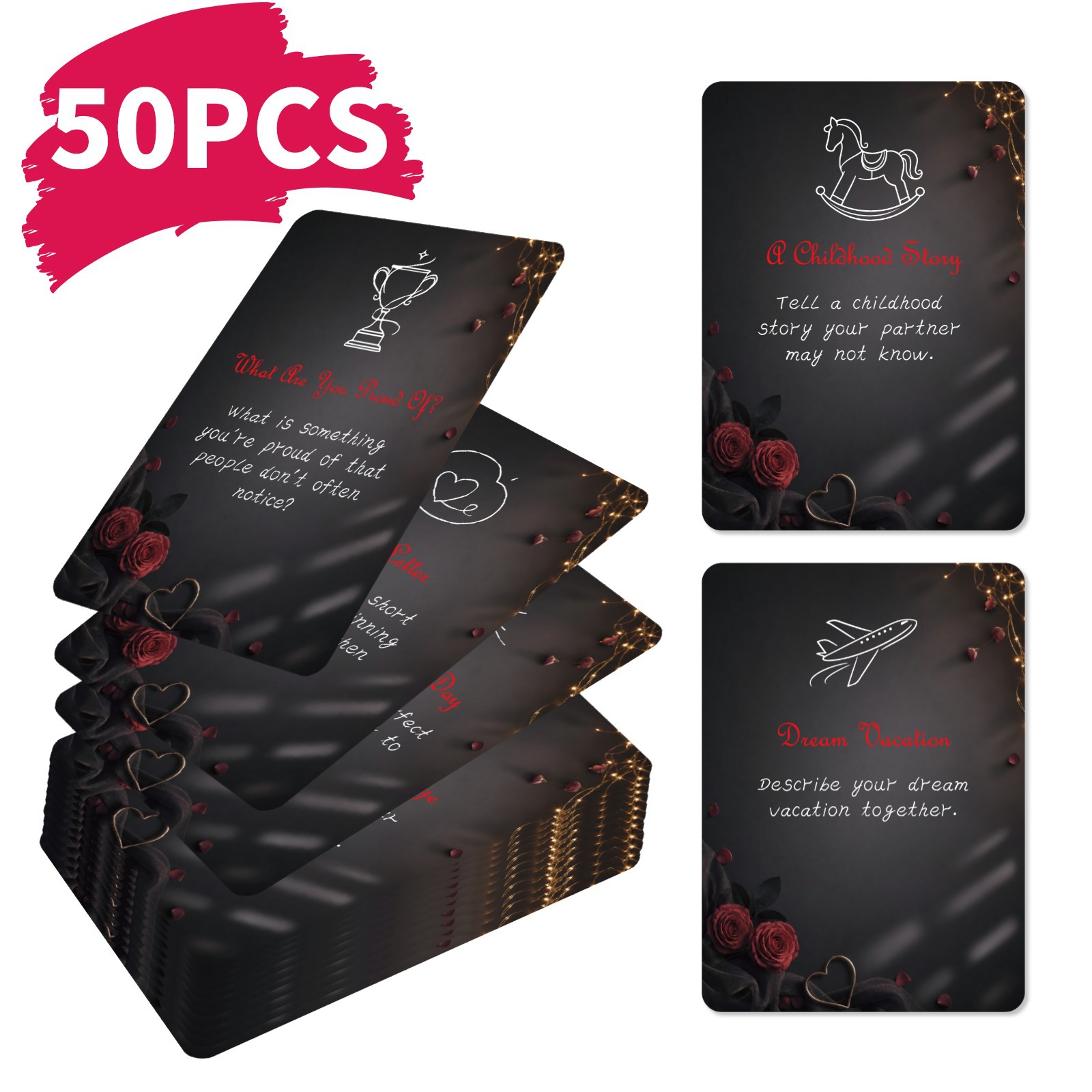 Board Game Quiz - 50枚入り ロマンチックカップルチャレンジカード ブラックローズデザイン インタラクティブコミュニケーション デートゲームカード カップルの夜に